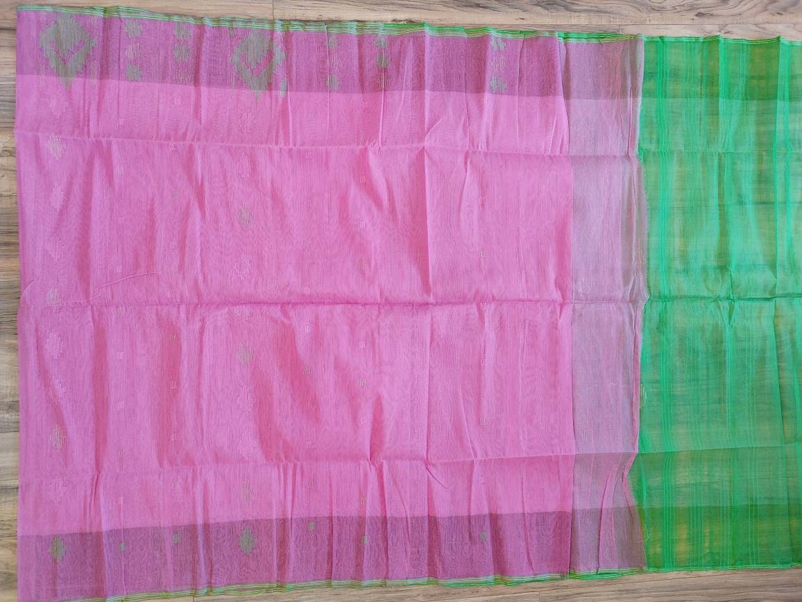 Original Dhakai Jamdani Sweet Pink/Green Halfsilk Saree, Made in Bangladesh, with blouse piece, beautiful pink/green/zari kolki work theme