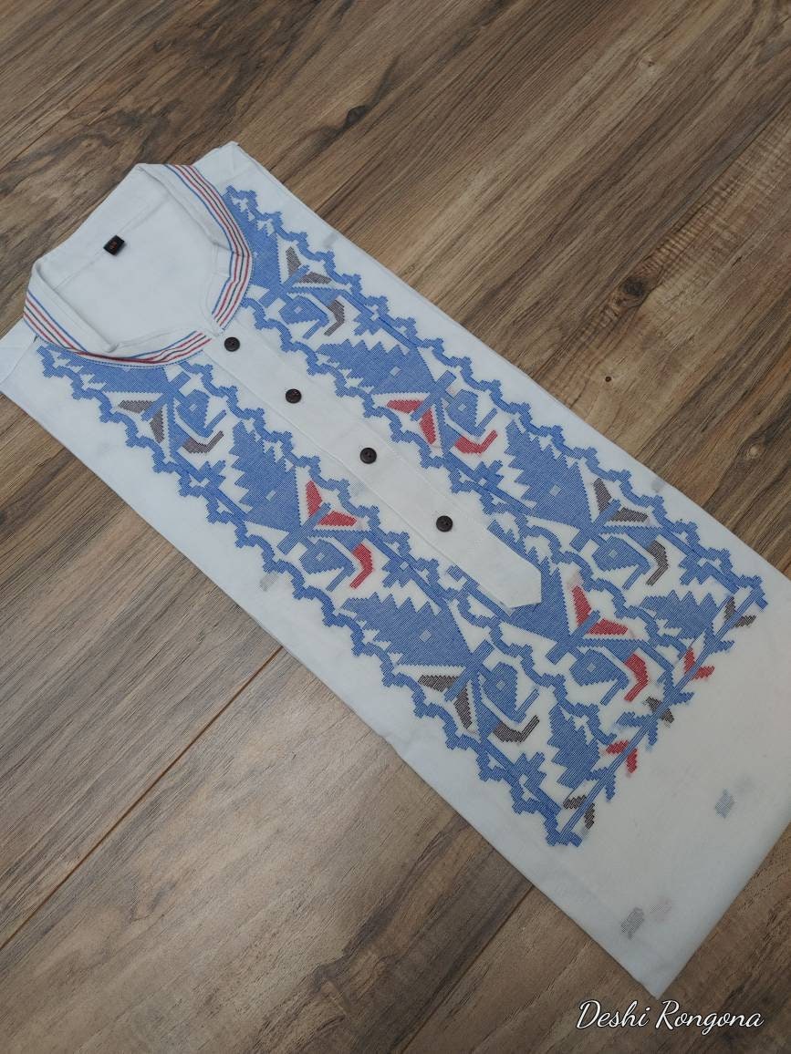 Pure Cotton Dhakai Jamdani Men Punjabi, SLIM FIT, Handloom, Comfortable, Elegant, Made in Dhaka, Bangladesh