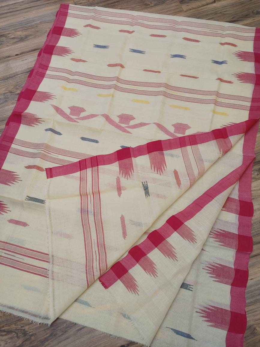 Sylheti Monipuri Handwoven Cotton Saree – Off White & Magenta