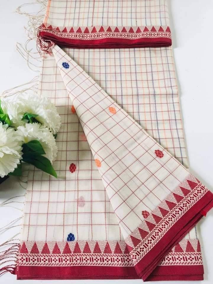 Nokshi Border Handwoven Cotton Saree. White with Beautiful Floral Red Border. Running Blouse Piece, Made in Tangail, Bangladesh