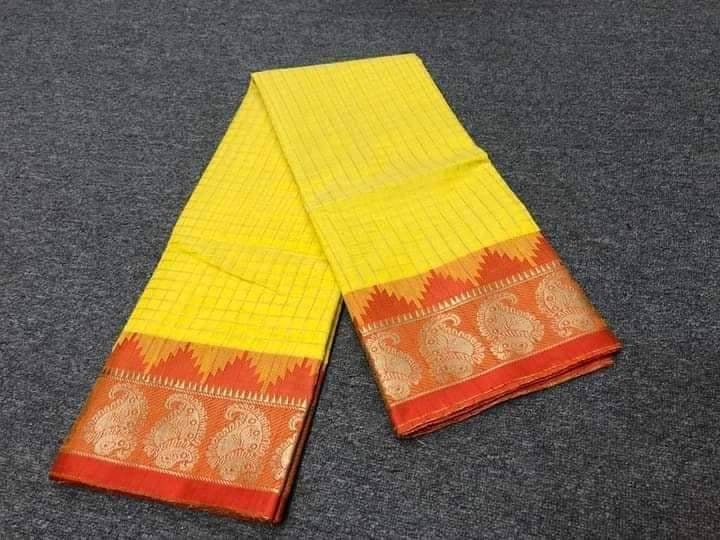 Halfsilk Madurai Saree, Beautiful Yellow body with Jari Check and Red Border with Golden Jari Kolki work. Perfect Party wear.