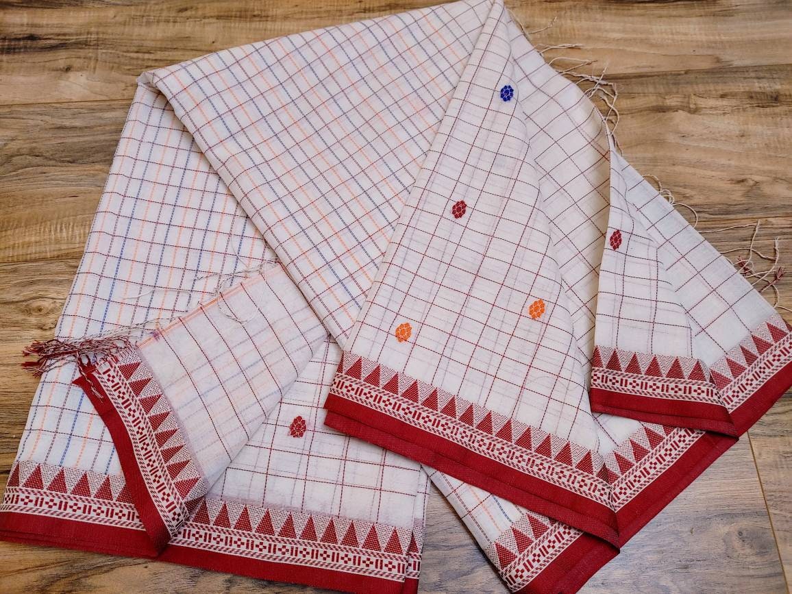Nokshi Border Handwoven Cotton Saree. White with Beautiful Floral Red Border. Running Blouse Piece, Made in Tangail, Bangladesh
