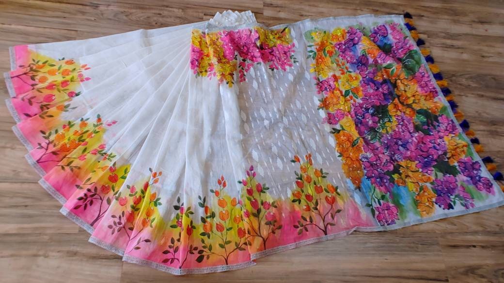 Original Dhakai Jamdani Handpainted Halfsilk Saree, Bougainvillea Theme, Bangladeshi Handpainted with Acramin color, Feel special with it
