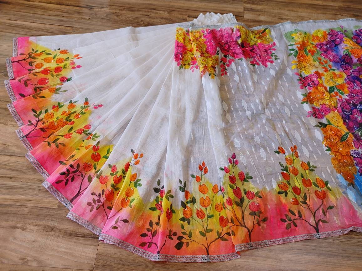 Original Dhakai Jamdani Handpainted Halfsilk Saree, Bougainvillea Theme, Bangladeshi Handpainted with Acramin color, Feel special with it