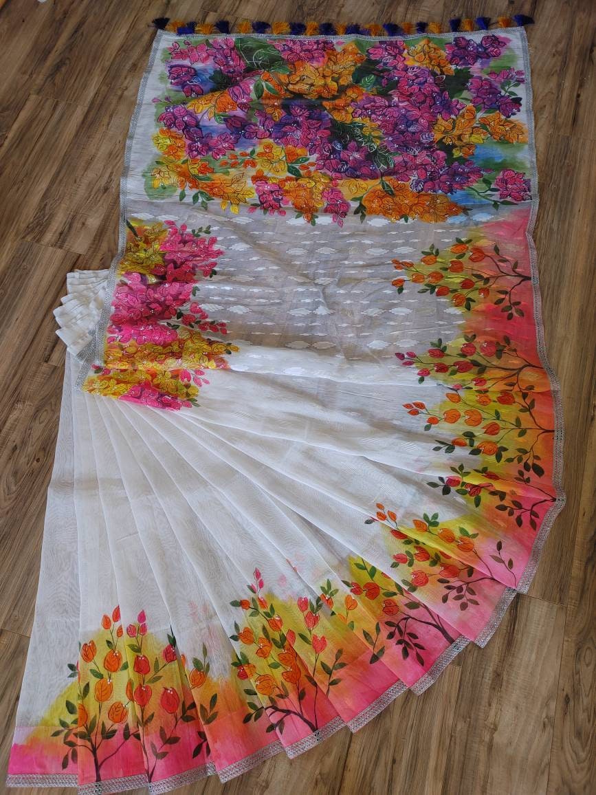 Original Dhakai Jamdani Handpainted Halfsilk Saree, Bougainvillea Theme, Bangladeshi Handpainted with Acramin color, Feel special with it