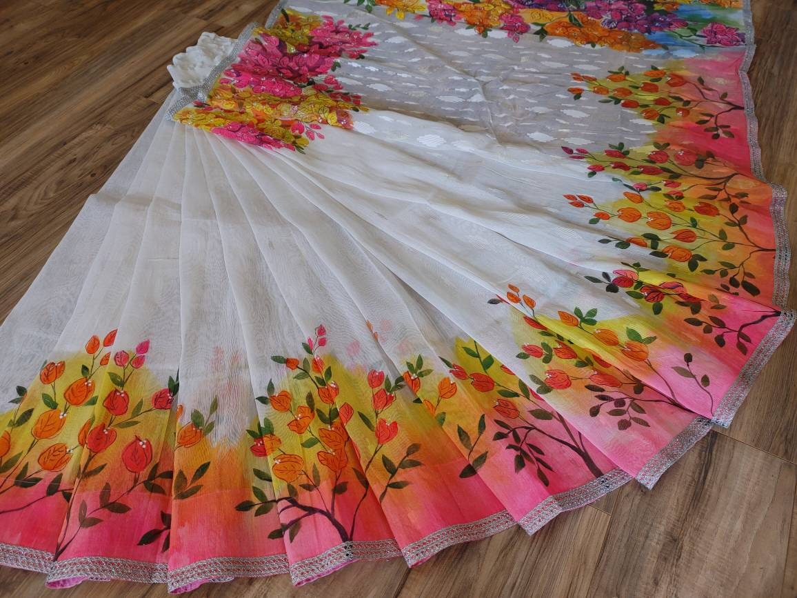 Original Dhakai Jamdani Handpainted Halfsilk Saree, Bougainvillea Theme, Bangladeshi Handpainted with Acramin color, Feel special with it