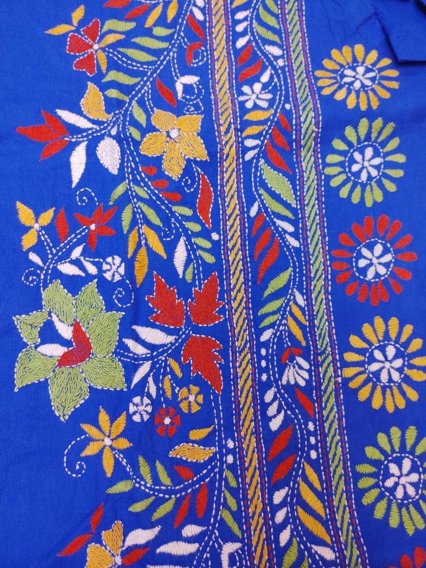 Blue Punjabi, Puja Special Punjabi, Hand Kantha Stitch Cotton Punjabi, Kurtas for Men, Indian Bengali Traditional Dress, Size 44 (Slim)