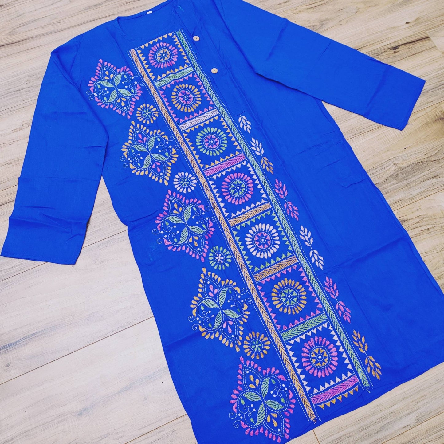 Blue Punjabi, Puja Special Punjabi, Hand Kantha Stitch Cotton Punjabi, Kurtas for Men, Indian Bengali Traditional Dress, Size 42 (Slim)