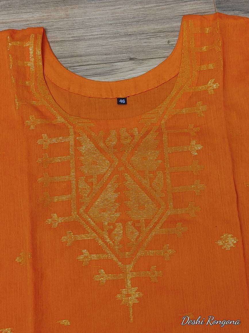 Oversize Handloom Dhakai Jamdani Cotton 3 piece, Orange with Golden Zari, Comfortable Summer Wear, Kamij-Dupatta-Salwar, Made in Bangladesh