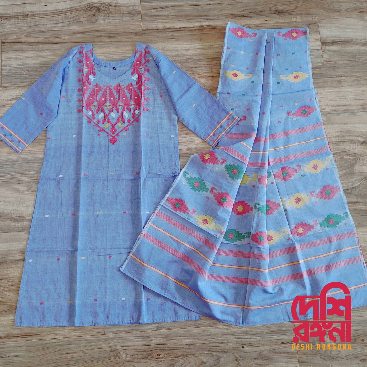 Dhakai Jamdani Dress, I'llHandloom Cotton 2 piece, Grayish blue and Red Combination, Soft, Comfortable Summer Wear. Kamij and Dupatta