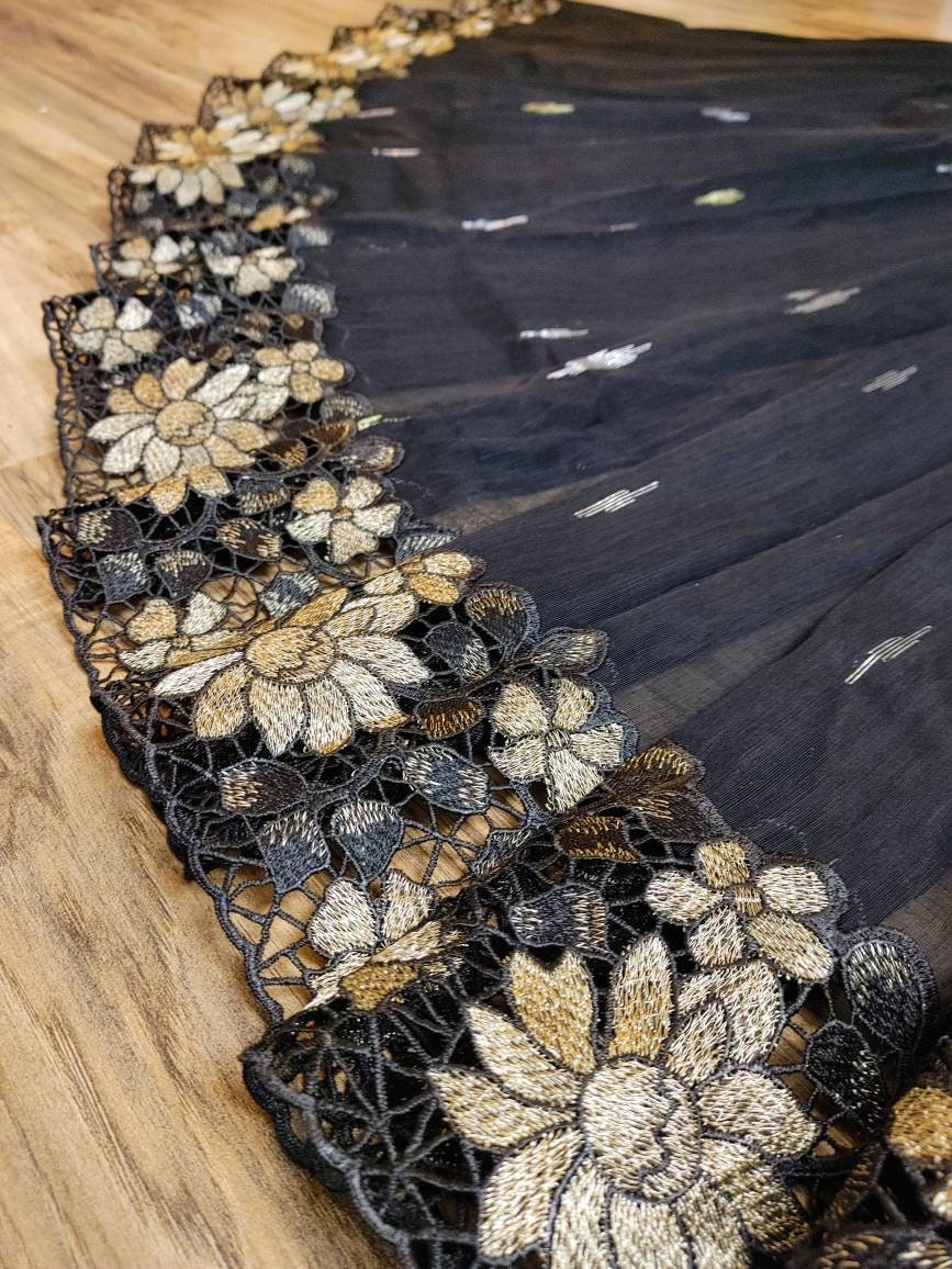 Elegant Black & Gold Dhakai Jamdani Cutwork