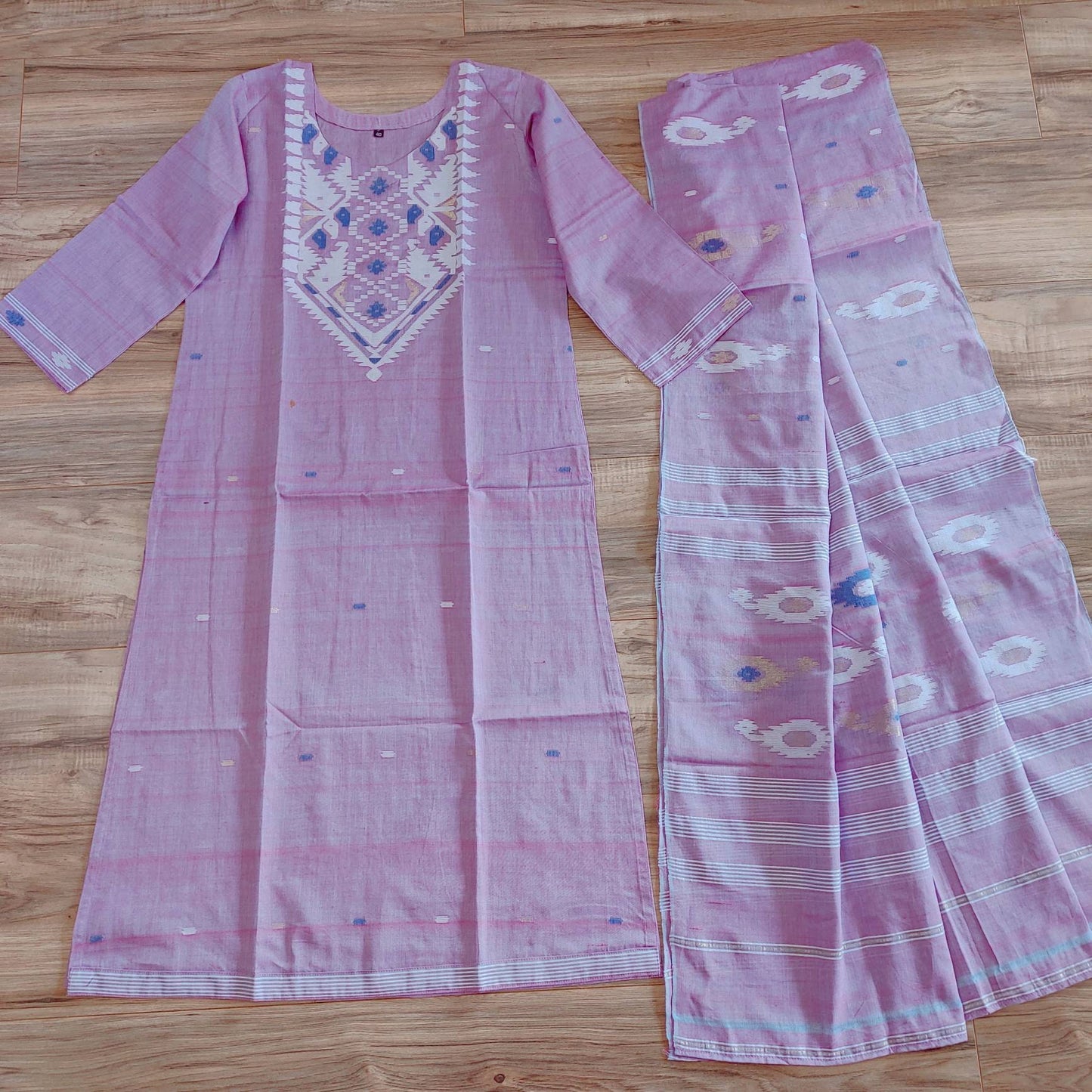 Dhakai Jamdani Dress, Original Handloom pure Cotton 2 piece, Pink and White Combination, Soft, Comfortable Summer Wear. Kamij and Dupatta