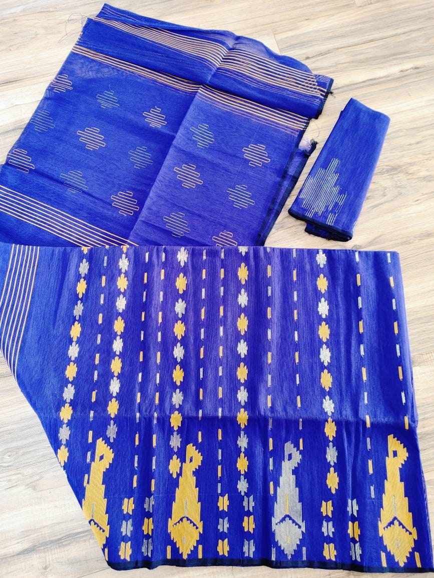 Original Dhakai Jamdani Saree Beautiful Violet/yellow Contrast, Halfsilk, Handloom 60 count thread, Traditional, Elegant, Classy Saree