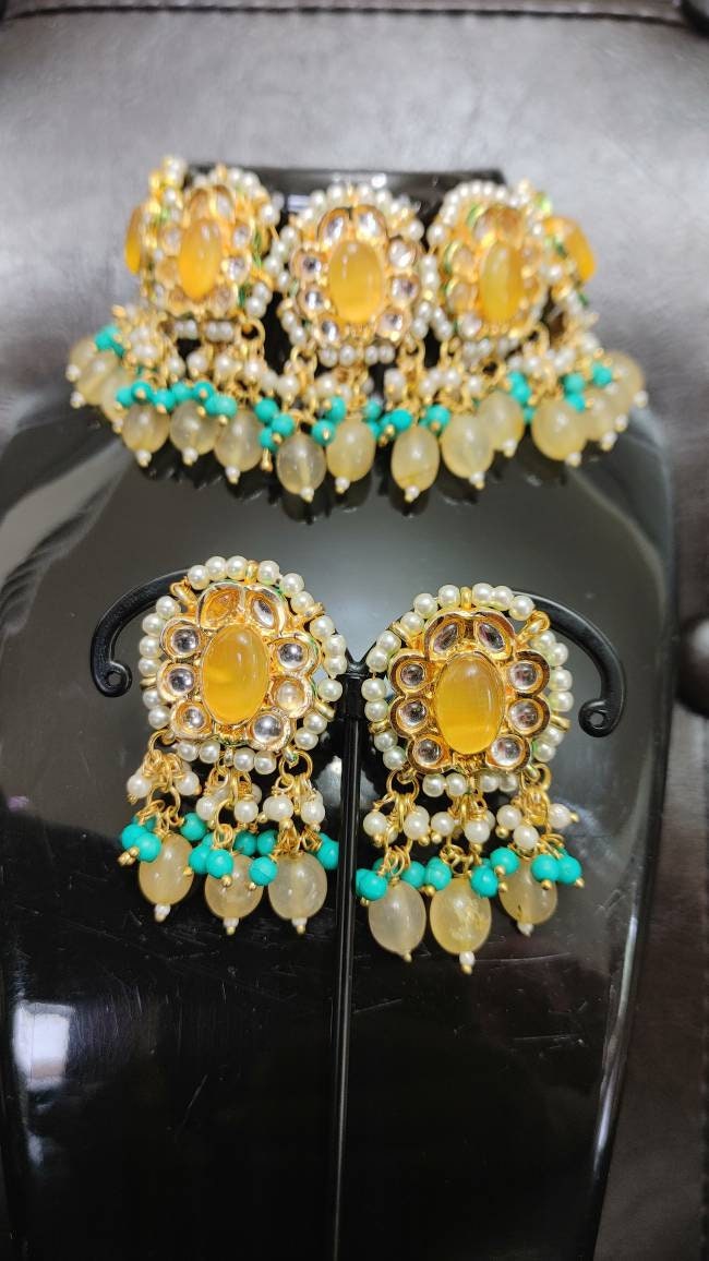 Kundan Yellow Choker Set, Indian Wedding Necklace set, AD stone, Natural Stone, Crystal, Designer Fashion Jewelry, Traditional Jewellery