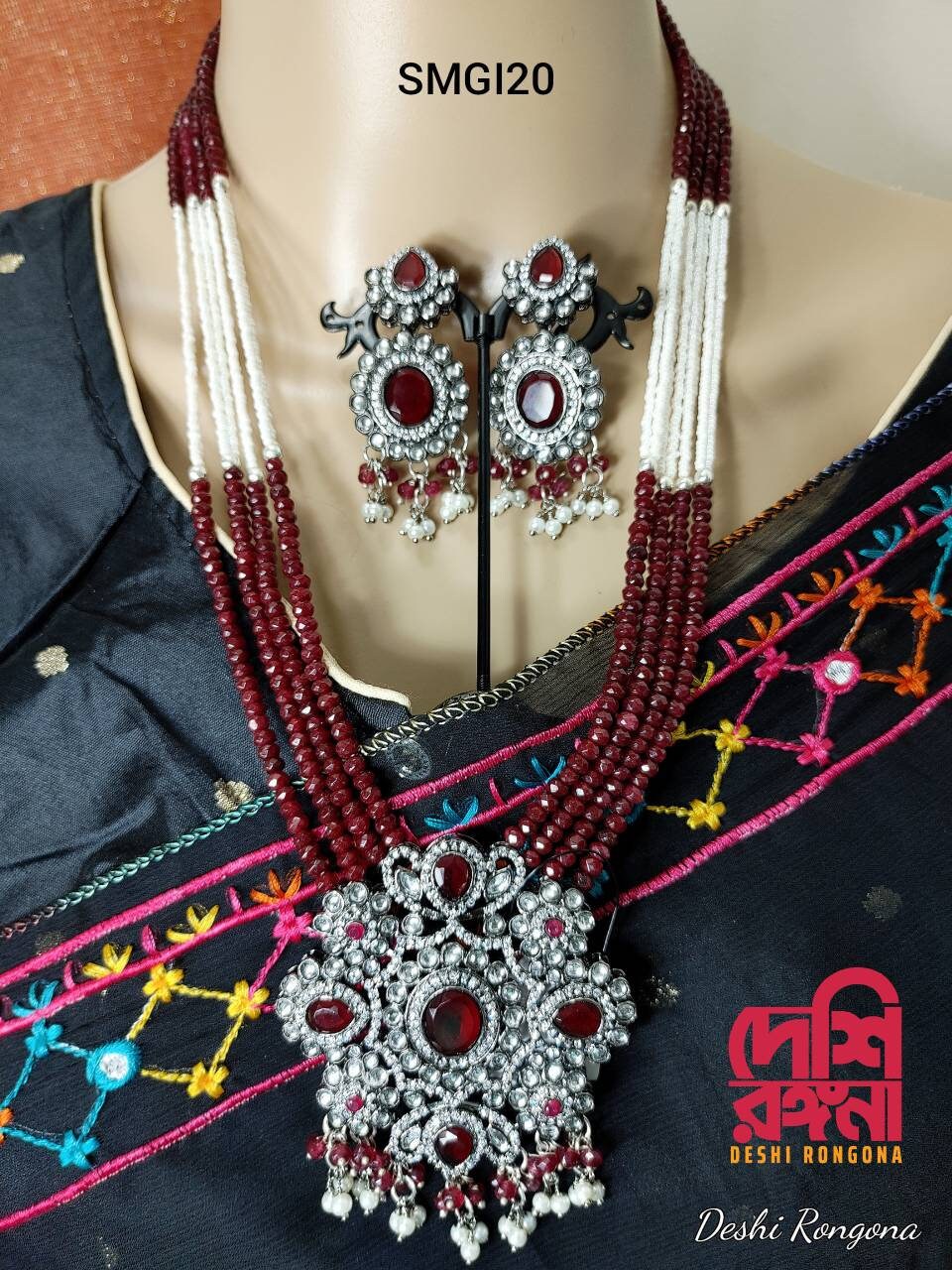 Victorian Long Necklace Set, Indian Wedding Necklace set, Maroon AD stone, Crystal, Designer Antique Fashion, Traditional Wedding Jewellery