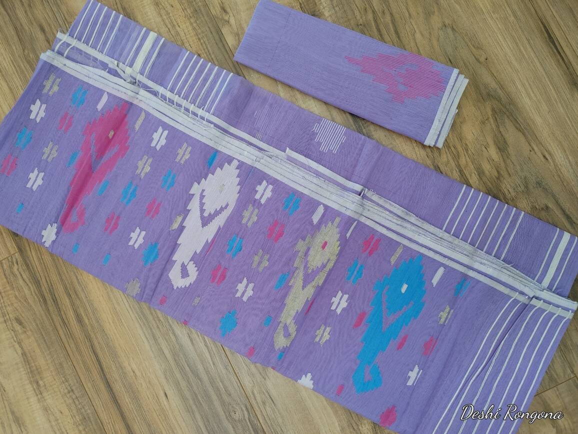 Original Dhakai Jamdani Lavender/Magenta Halfsilk Saree, Made in Bangladesh,with blouse piece, beautiful Blue/Magenta/white Contrast work