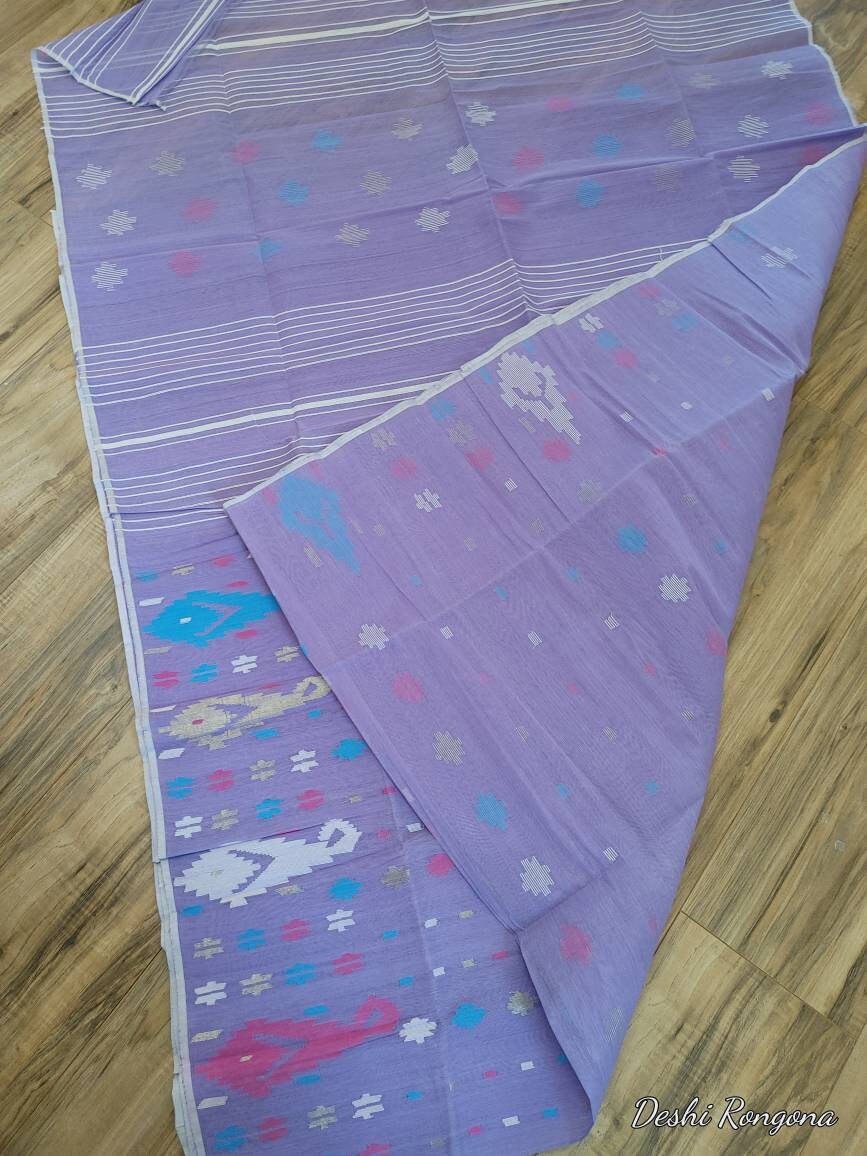 Original Dhakai Jamdani Lavender/Magenta Halfsilk Saree, Made in Bangladesh,with blouse piece, beautiful Blue/Magenta/white Contrast work