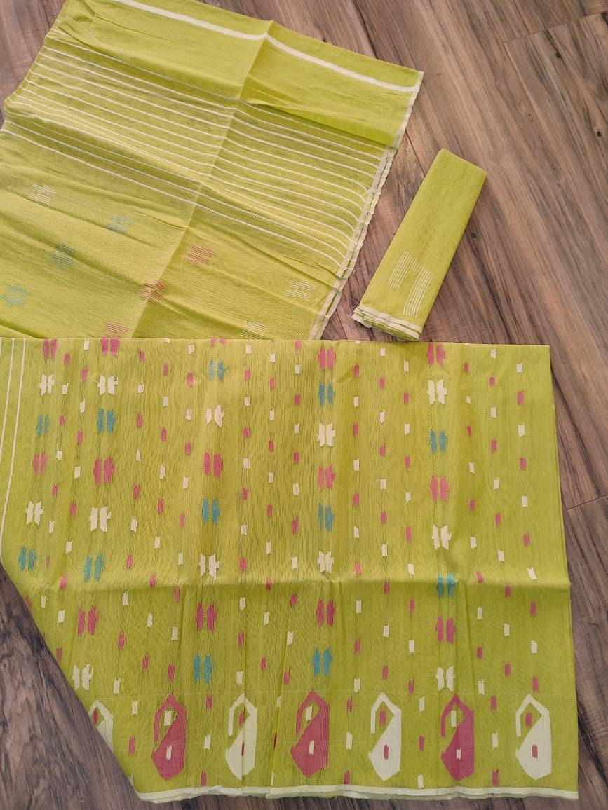 Original Dhakai Jamdani Saree, Beautiful Olive Saree with Multi Thread work,Handloom,Halfsilk, 40 count, Traditional, Classy Party Saree