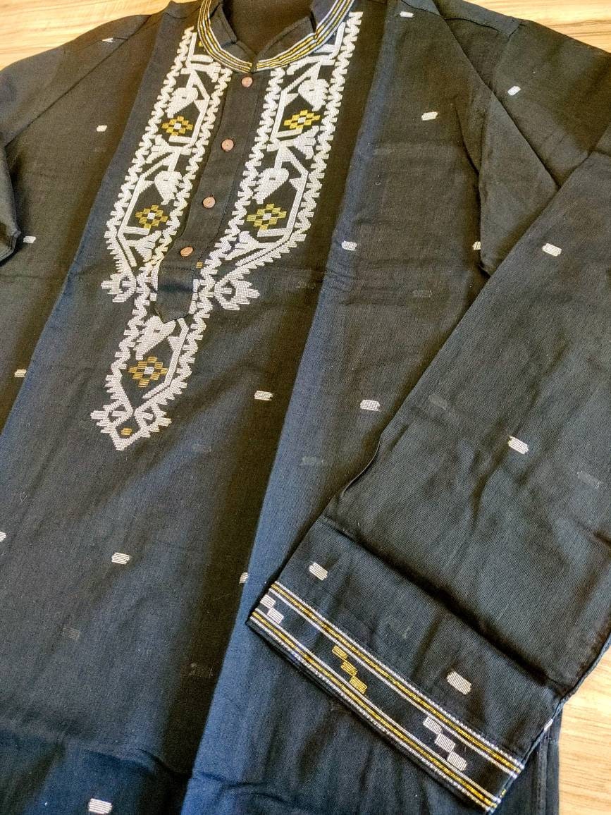 Original Dhakai Jamdani Punjabi, pure cotton, Black with white/Golden work, Handloom, Comfortable, Elegant, Made in Bangladesh, Loose Fit