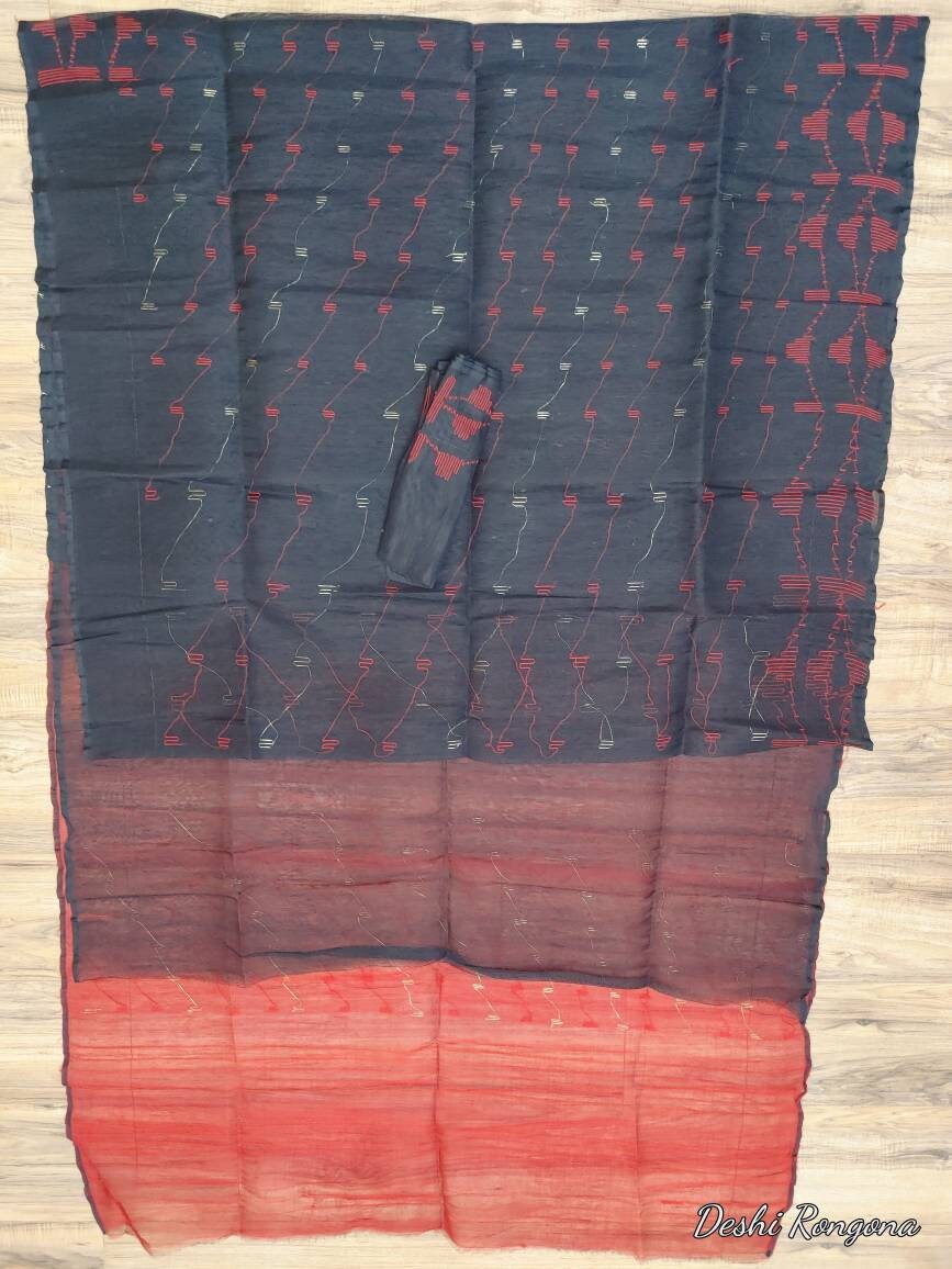 Original Dhakai Jamdani Saree, Black with Red Contrast work, Made in Bangladesh, Halfsilk,Handloom 40 count thread,Traditional,Classy Saree