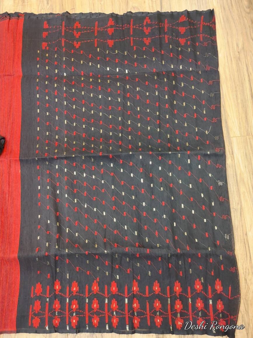 Original Dhakai Jamdani Saree, Black with Red Contrast work, Made in Bangladesh, Halfsilk,Handloom 40 count thread,Traditional,Classy Saree