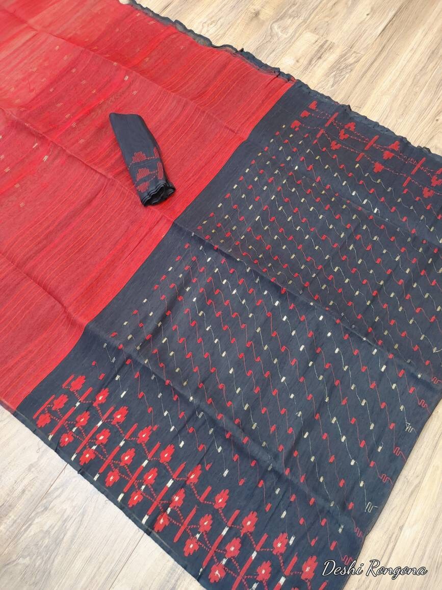 Original Dhakai Jamdani Saree, Black with Red Contrast work, Made in Bangladesh, Halfsilk,Handloom 40 count thread,Traditional,Classy Saree