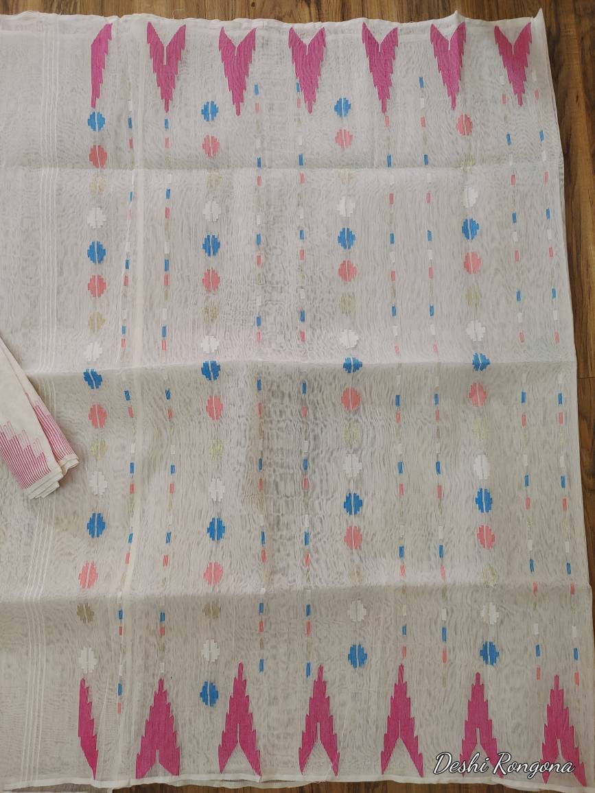 Original Dhakai Jamdani White Saree with Magenta/Blue work, Cotton, Handloom, 40 Count, Traditional Temple theme work, Made in Bangladesh