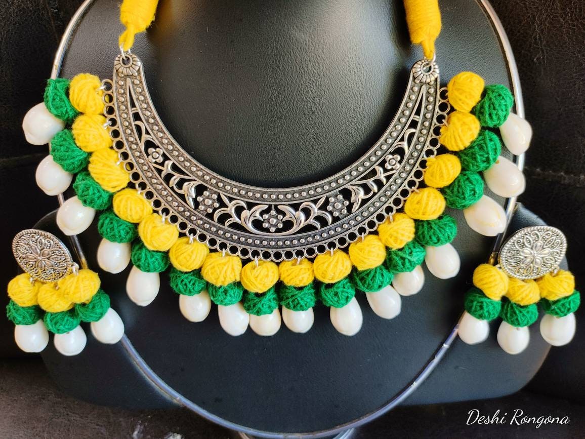 Oxidized Shell Necklace Set, Yellow/Green/White, Hand Crafted, Immaculate 100% Natural Snail Shell, Jute ball Vintage Style Handmade Jewelry