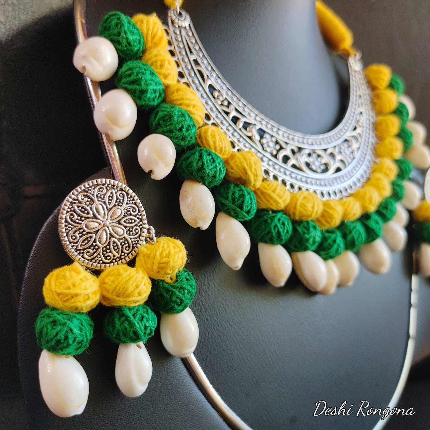 Oxidized Shell Necklace Set, Yellow/Green/White, Hand Crafted, Immaculate 100% Natural Snail Shell, Jute ball Vintage Style Handmade Jewelry