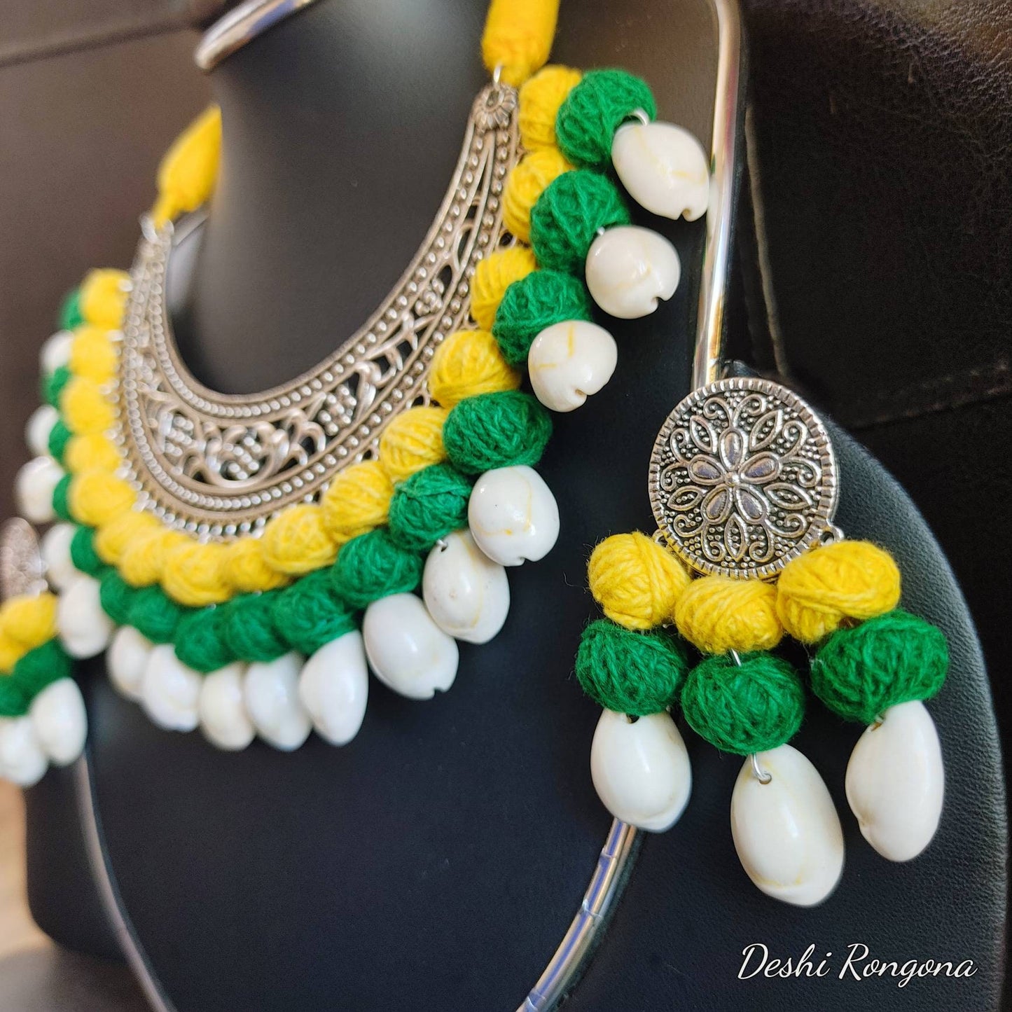 Oxidized Shell Necklace Set, Yellow/Green/White, Hand Crafted, Immaculate 100% Natural Snail Shell, Jute ball Vintage Style Handmade Jewelry