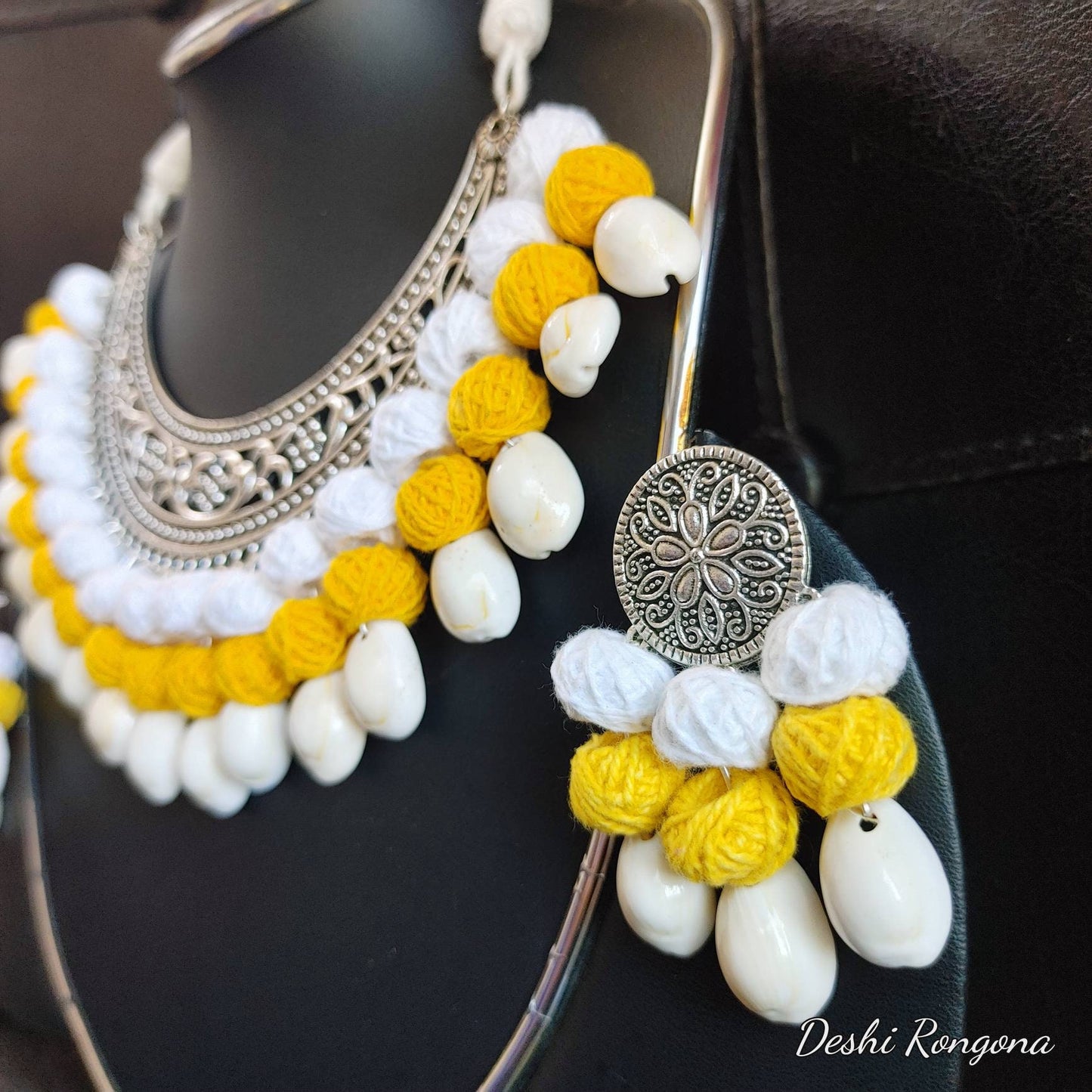Oxidized Shell Necklace Set, Yellow/White Contrast,Hand Crafted,Immaculate 100% Natural Snail Shell,Jute ball Vintage Style Handmade Jewelry