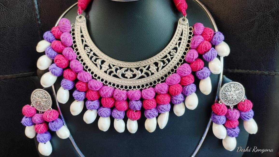 Oxidized Shell Necklace Set, pink/purple contrast, Hand Crafted, Immaculate Natural Snail Shell, Jute ball Vintage Style Handmade Jewelry