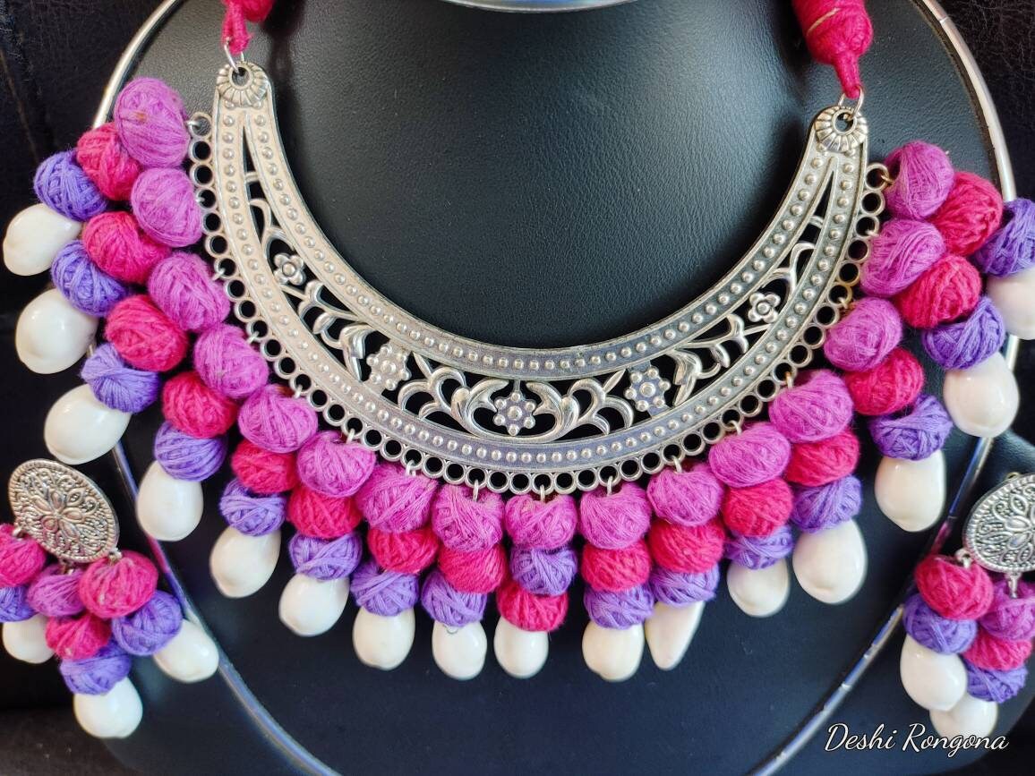 Oxidized Shell Necklace Set, pink/purple contrast, Hand Crafted, Immaculate Natural Snail Shell, Jute ball Vintage Style Handmade Jewelry