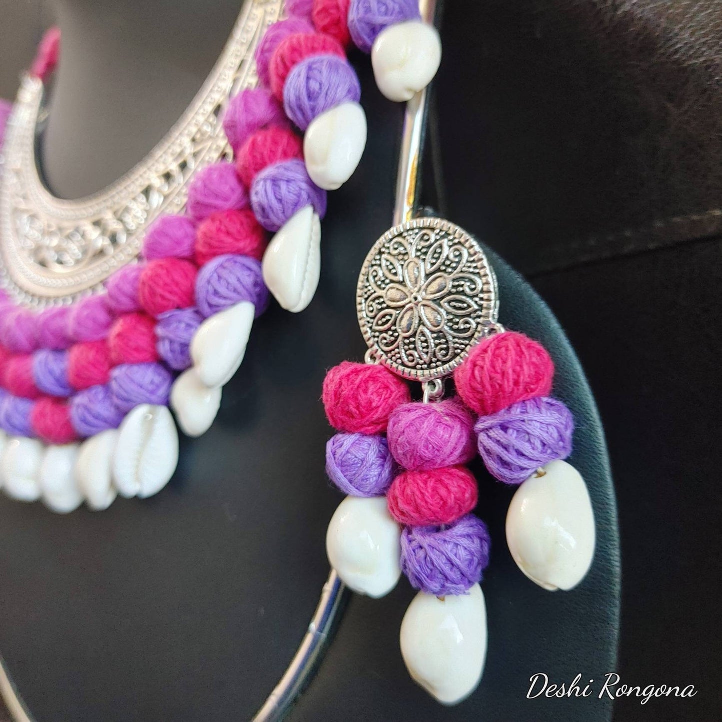 Oxidized Shell Necklace Set, pink/purple contrast, Hand Crafted, Immaculate Natural Snail Shell, Jute ball Vintage Style Handmade Jewelry