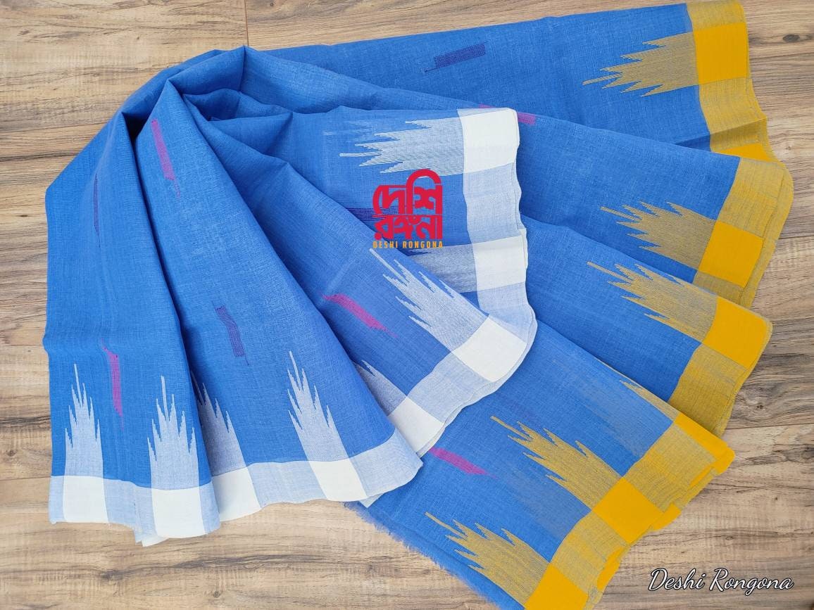 Sylheti Original Monipuri Handwoven Soft Cotton Saree, Blue with Yellow/White Ganga Jamuna Woven Border,Bangladeshi,Traditional Saree