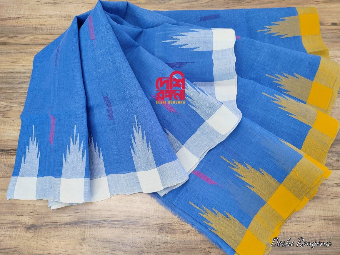 Sylheti Original Monipuri Handwoven Soft Cotton Saree, Blue with Yellow/White Ganga Jamuna Woven Border,Bangladeshi,Traditional Saree