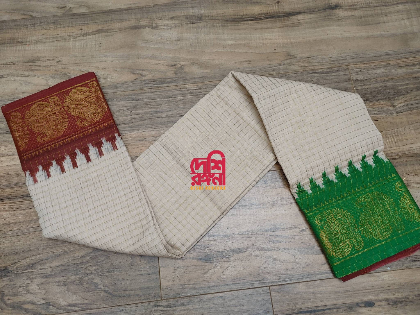 Madurai Cotton Saree, White with colorful Ganga Jamuna Border, Beautiful Off white body with check Jari, Perfect Party wear.