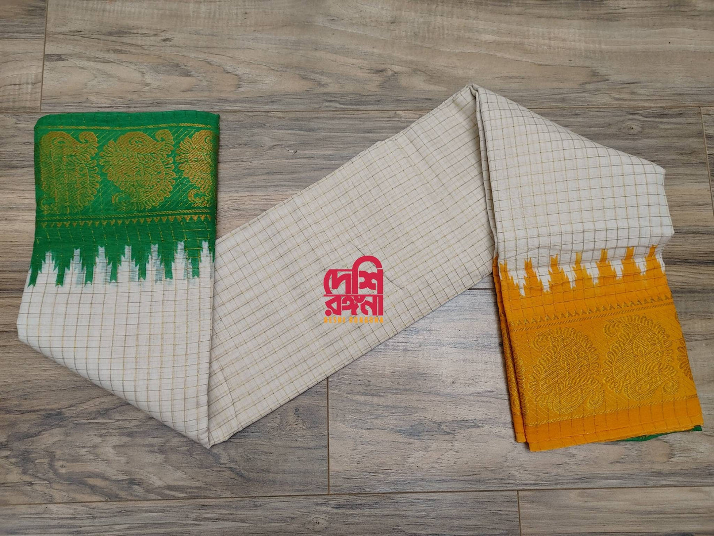 Madurai Cotton Saree, White with colorful Ganga Jamuna Border, Beautiful Off white body with check Jari, Perfect Party wear.