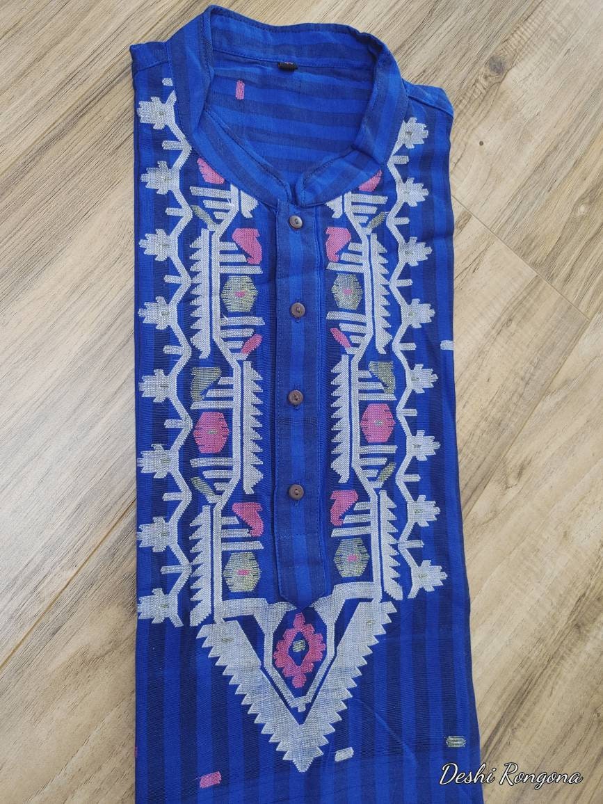 Pure Cotton Dhakai Jamdani Royal Blue Punjabi, Stripe Punjabi Fashion, Handloom, Comfortable, Elegant, Made in Dhaka, Bangladesh, Loose Fit