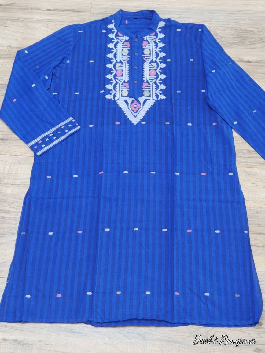 Pure Cotton Dhakai Jamdani Royal Blue Punjabi, Stripe Punjabi Fashion, Handloom, Comfortable, Elegant, Made in Dhaka, Bangladesh, Loose Fit
