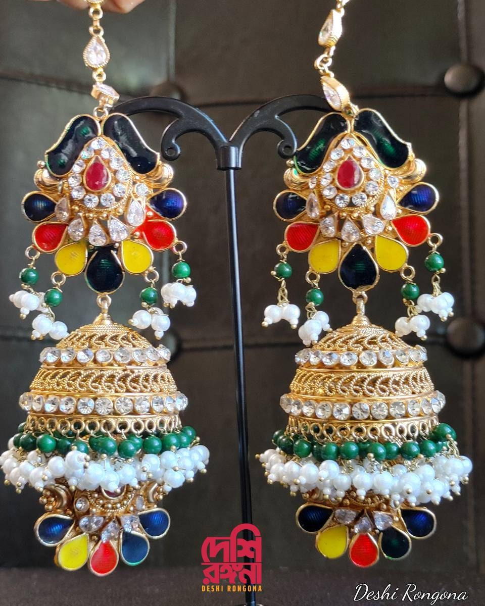Designer Jhumka Earrings, Oversized 22K Gold Plated, Premium Quality, Indian / Pakistani Wedding Jewelry, Sabyasachi Bollywood Fashion
