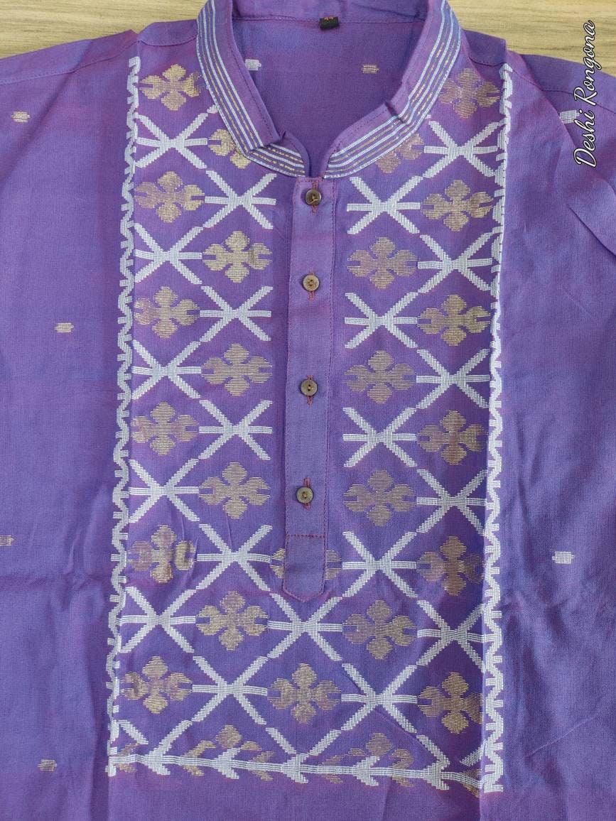 Original Dhakai Jamdani Men Punjabi, Purple with white and golden work ,Handloom, Comfortable, Elegant, Made in Dhaka, Bangladesh,Loose Fit