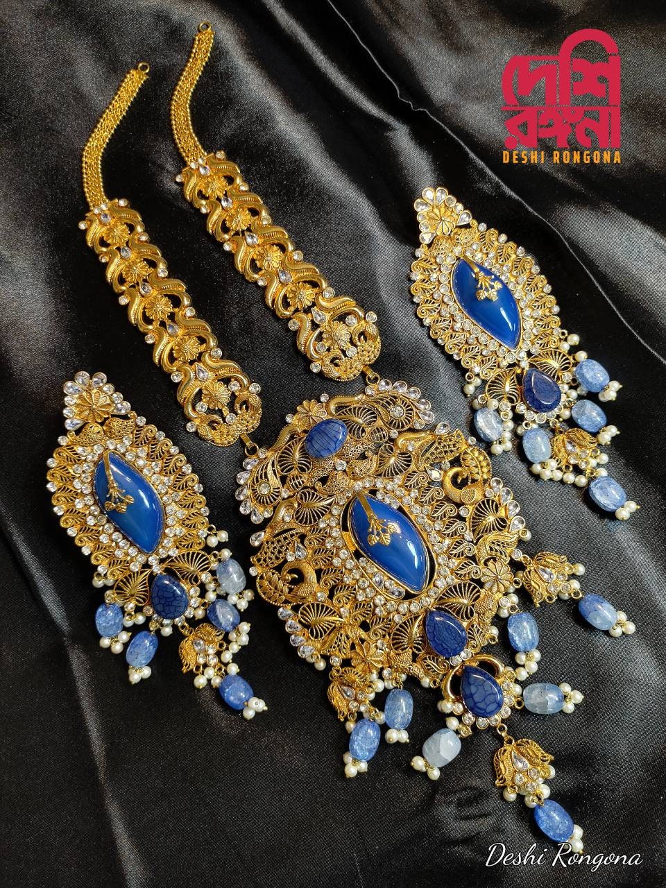 Extraordinary Bridal Necklace Set, 22K Gold Plated, Blue Akik/Agate, Designer Wedding Jewelry, Indian, Pakistani, Sabyasachi Bollywood Style