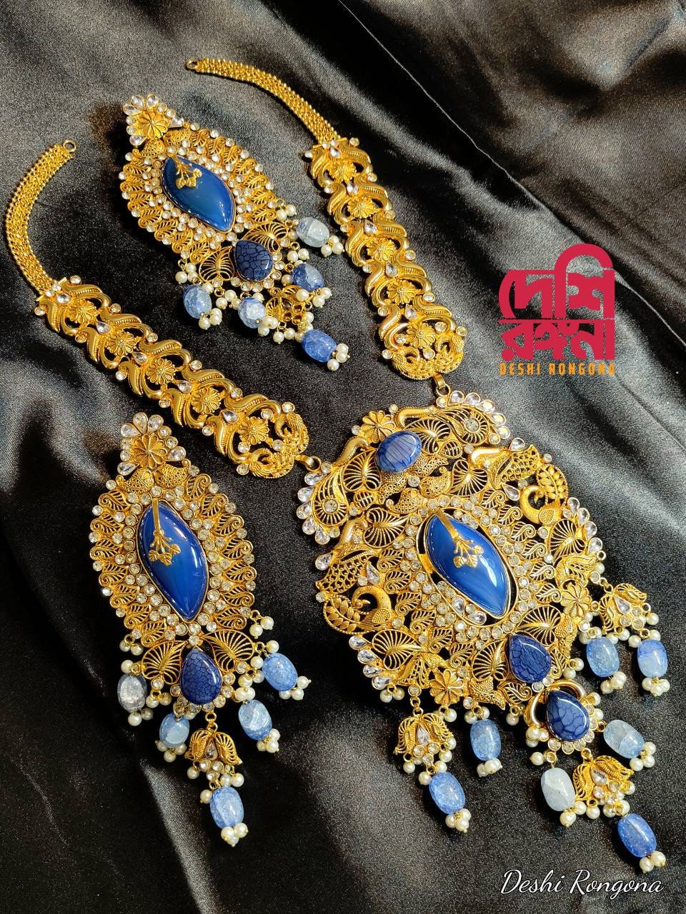 Extraordinary Bridal Necklace Set, 22K Gold Plated, Blue Akik/Agate, Designer Wedding Jewelry, Indian, Pakistani, Sabyasachi Bollywood Style