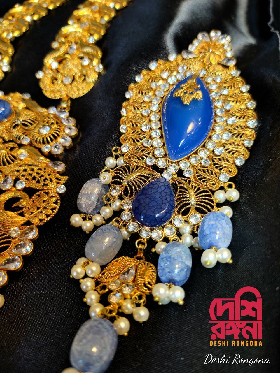 Extraordinary Bridal Necklace Set, 22K Gold Plated, Blue Akik/Agate, Designer Wedding Jewelry, Indian, Pakistani, Sabyasachi Bollywood Style