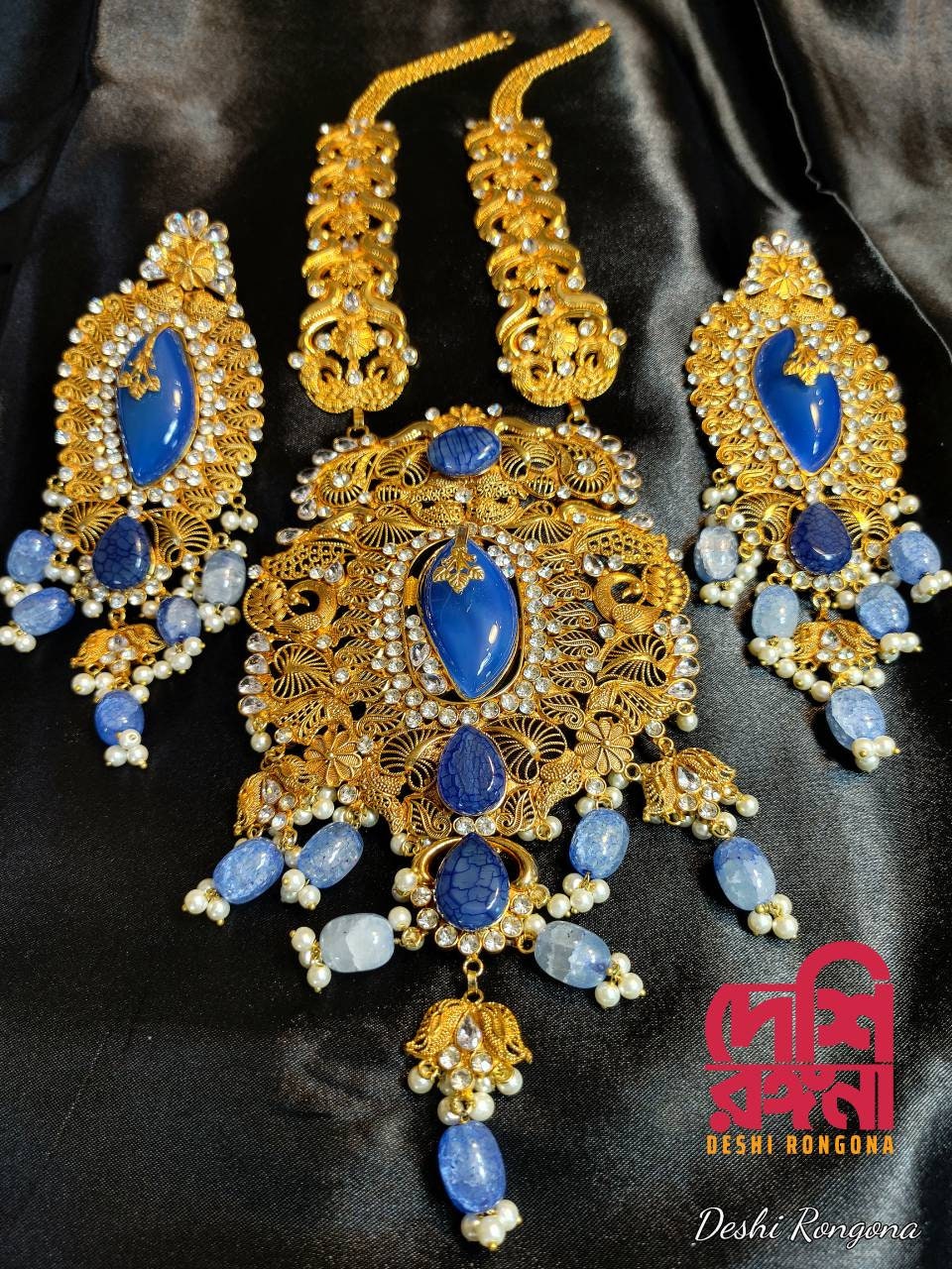 Extraordinary Bridal Necklace Set, 22K Gold Plated, Blue Akik/Agate, Designer Wedding Jewelry, Indian, Pakistani, Sabyasachi Bollywood Style