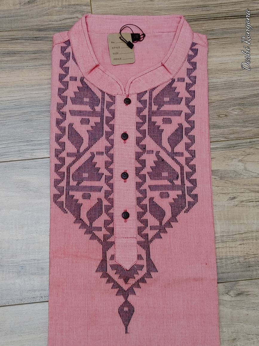 Dhakai Jamdani Tosshor Silk Punjabi, Pink and Black contrast, Loose Fit,Comfortable, Elegant and Classy, Handmade from Scratch in Bangladesh