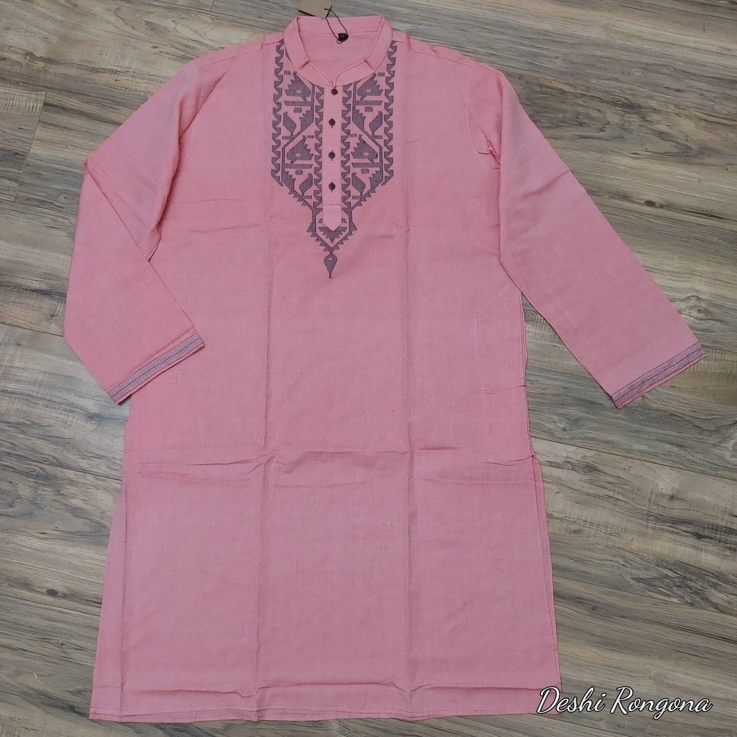 Dhakai Jamdani Tosshor Silk Punjabi, Pink and Black contrast, Loose Fit,Comfortable, Elegant and Classy, Handmade from Scratch in Bangladesh