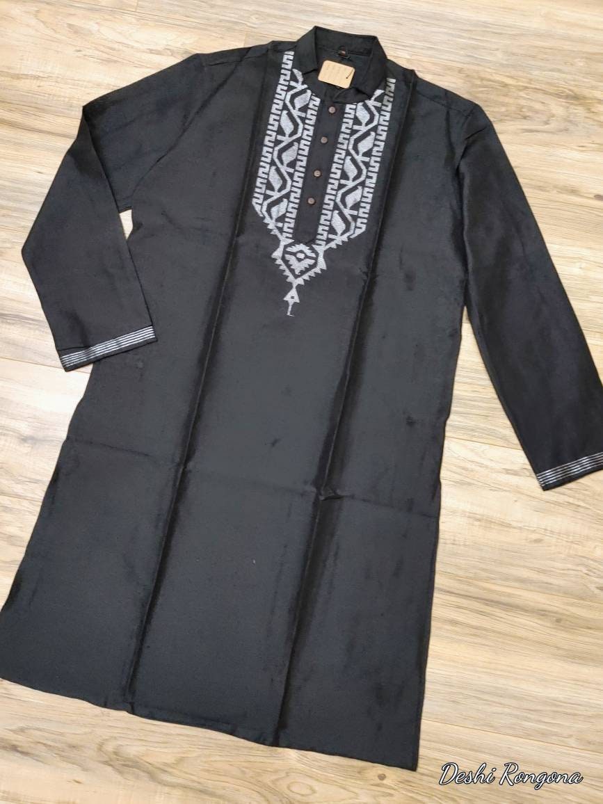 Original Dhakai Jamdani Silk Black Punjabi,with Silver thread work,Loose Fit,Comfortable, Elegant,Classy,Handmade from Scratch in Bangladesh