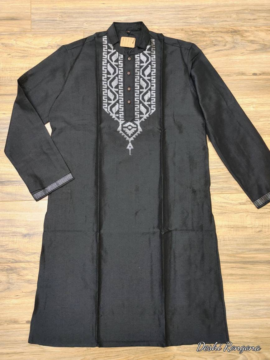 Original Dhakai Jamdani Silk Black Punjabi,with Silver thread work,Loose Fit,Comfortable, Elegant,Classy,Handmade from Scratch in Bangladesh